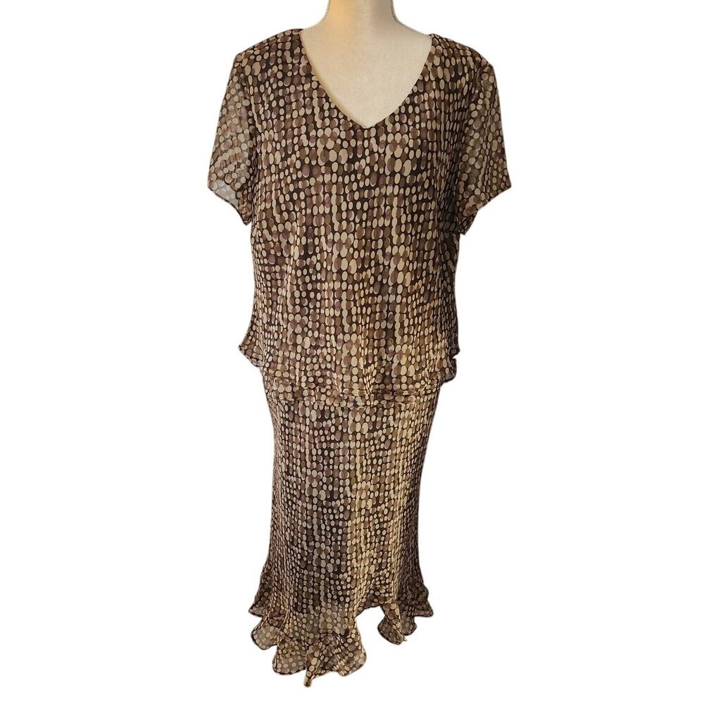 J.B.S. Petite Brown Tan Polka Dot Layered Chiffon Midi Dress Plus Size 20WP